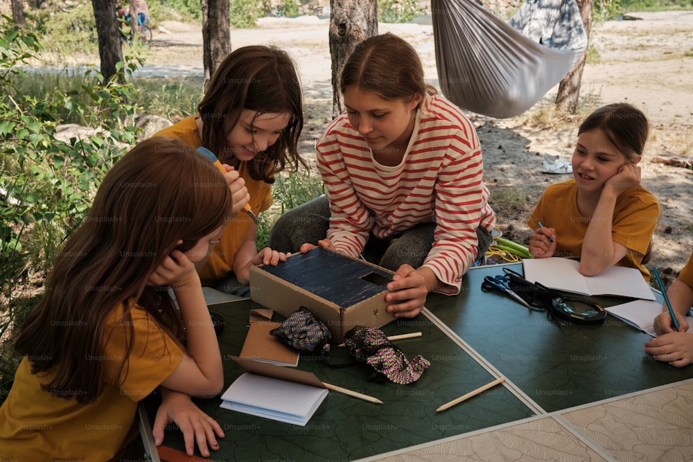 a group of young girls sitting around a table