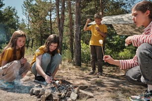 a group of people sitting around a campfire