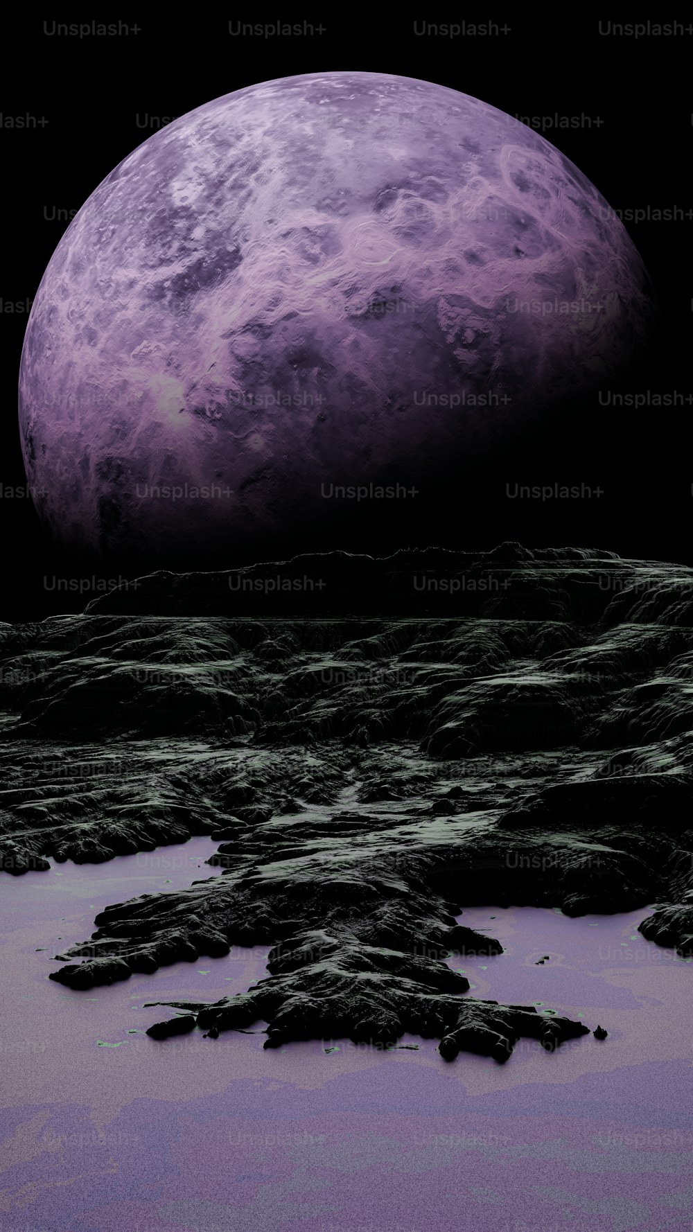 Eine außerirdische Landschaft mit einem violetten Mond im Hintergrund