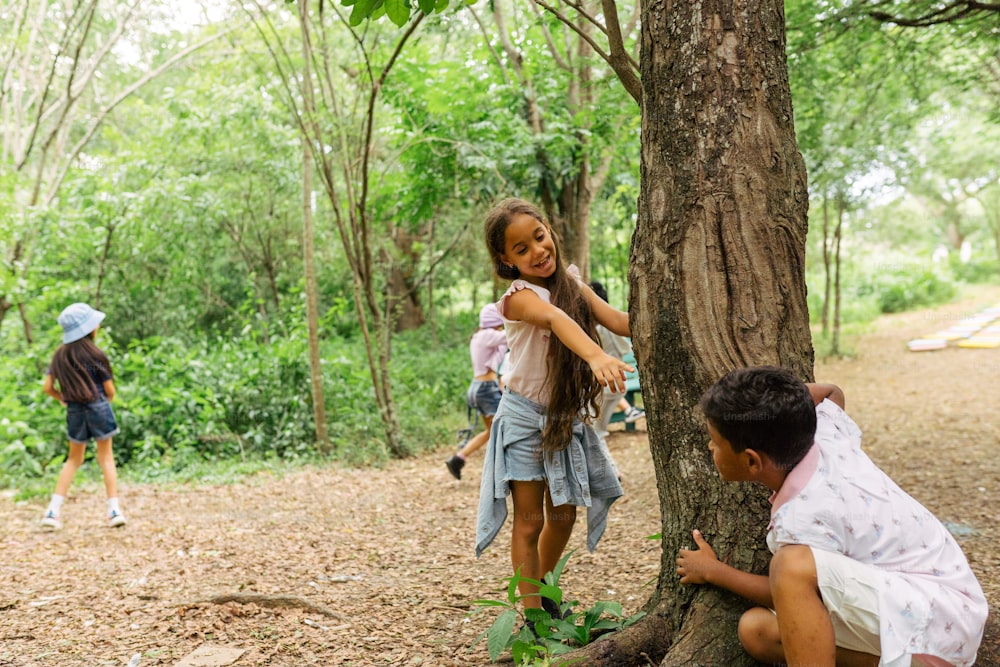 a group of children playing in the woods