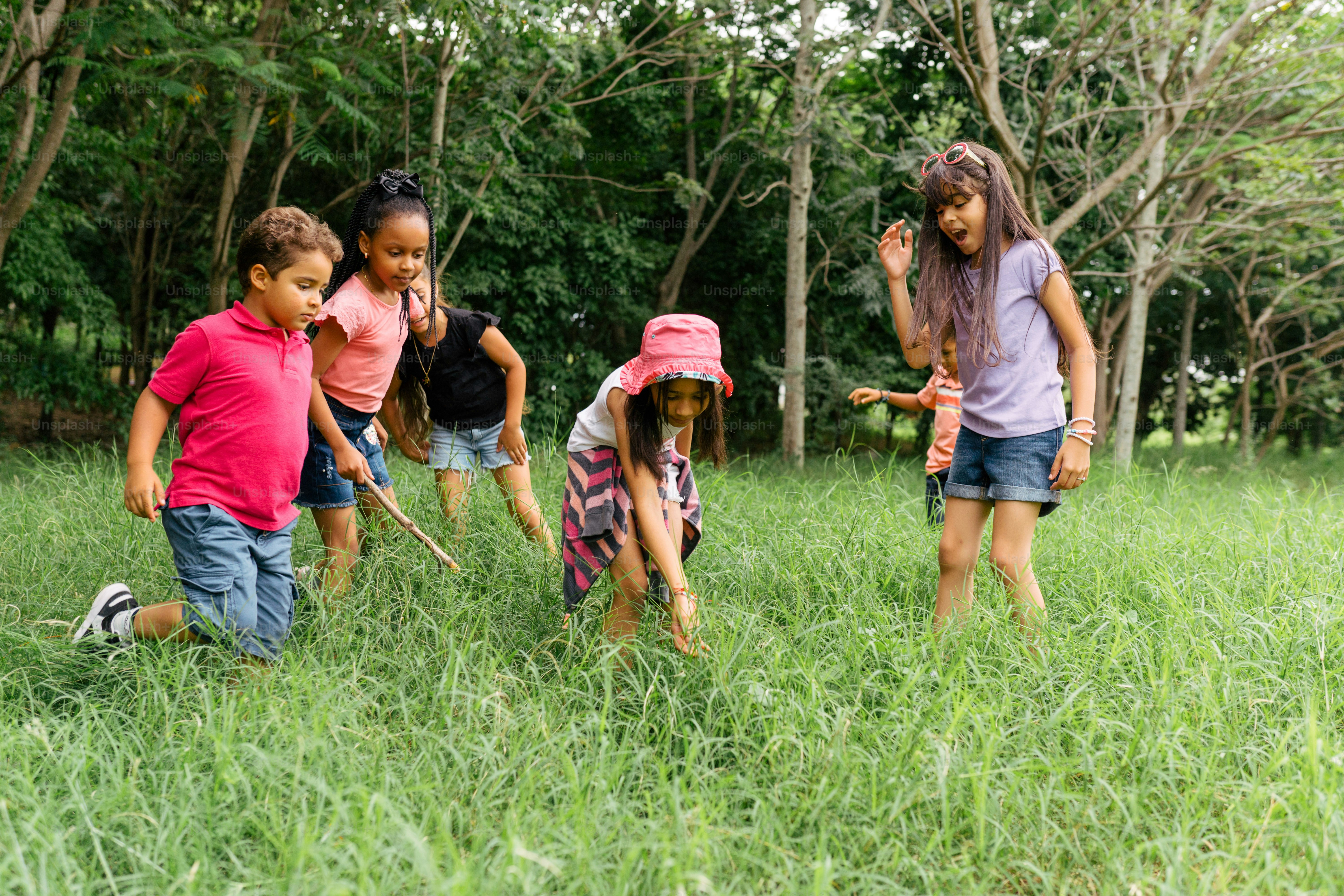 a group of children playing tug of war in a field