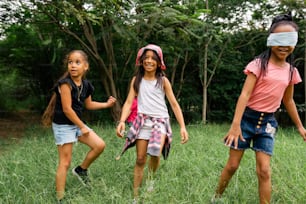 緑豊かな野原の上に立つ若い女の子のグループ