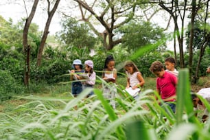 a group of children standing in a forest