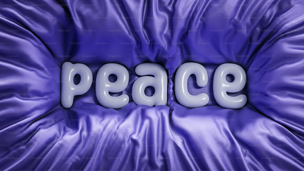 the word peace spelled in white letters on a purple background