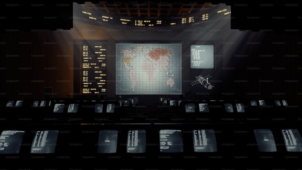 a large screen with a world map on it