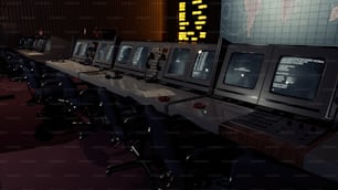 Una fila di monitor di computer seduti sopra una scrivania
