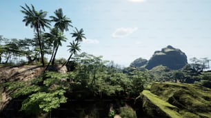 Une île tropicale avec des palmiers et une montagne en arrière-plan