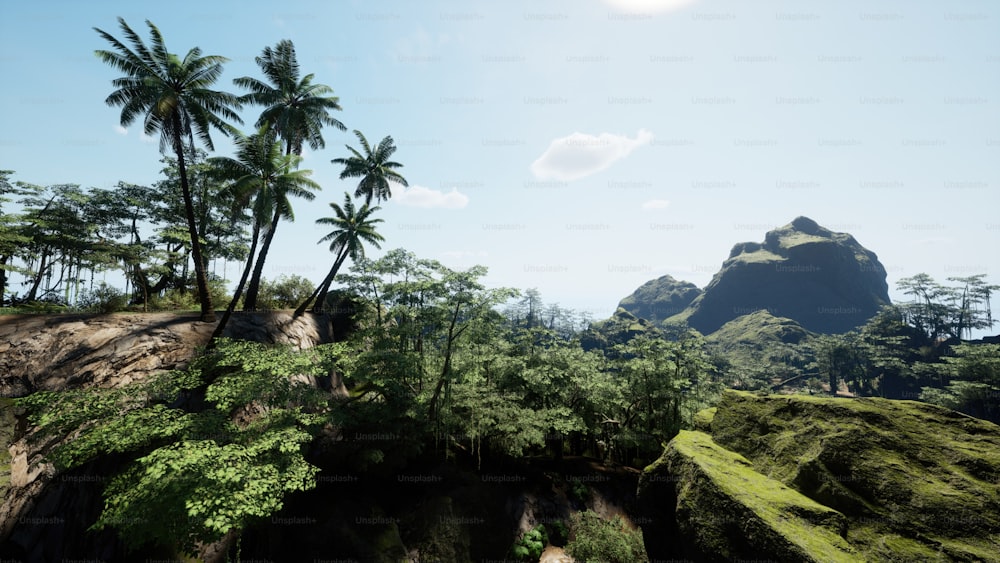 a tropical island with palm trees and a mountain in the background