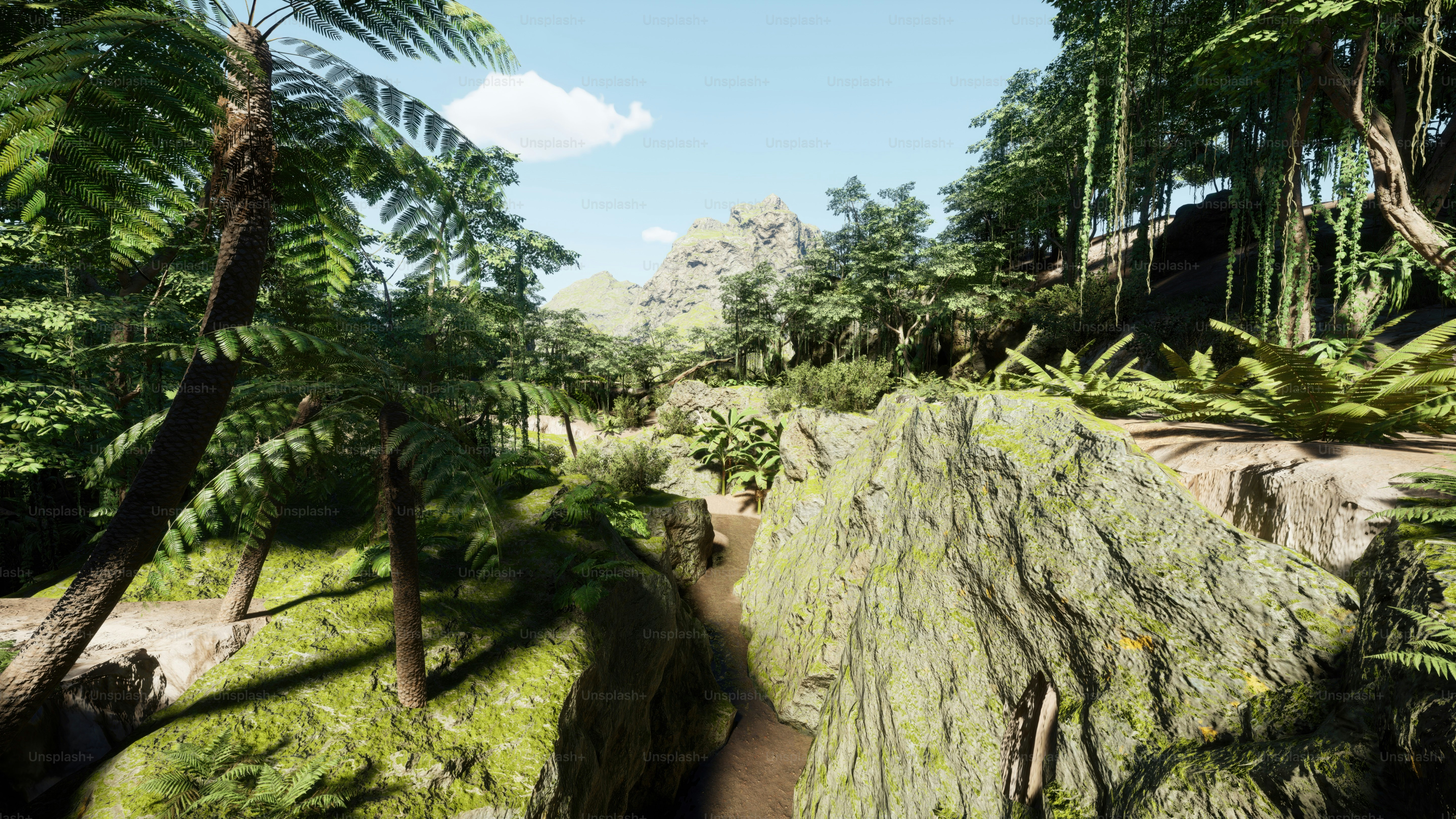 a video game scene of a jungle with a path through the trees