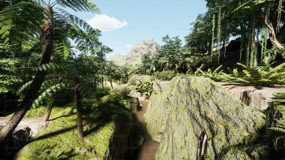 a video game scene of a jungle with a path through the trees