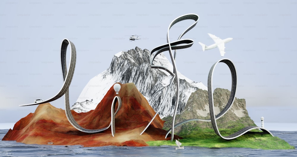 uma pintura digital de uma montanha com um avião sobrevoando ela