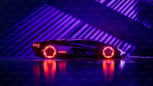 a futuristic car is shown in a dark room