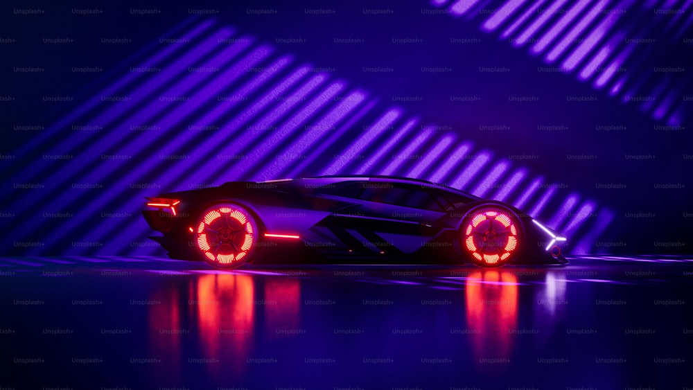 Une voiture futuriste est montrée dans une pièce sombre