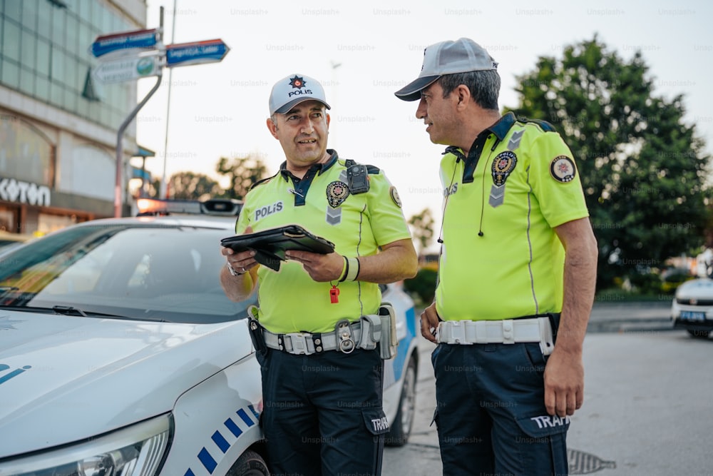 zwei, polizisten, stehen, nebeneinander