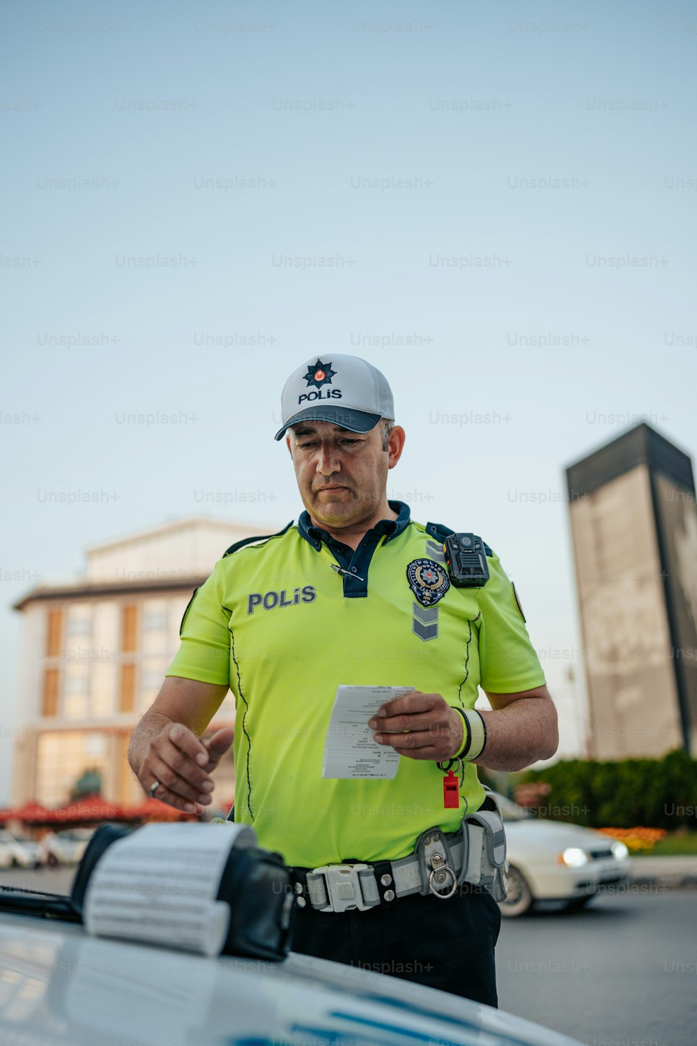 ein Polizist, der neben einem Polizeiauto steht