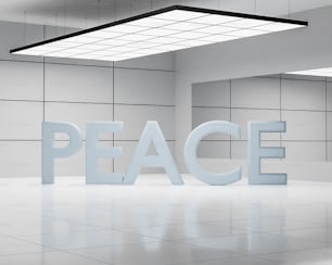 a white room with a sign that says peace
