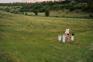 緑豊かな野原を歩く子供たちのグループ