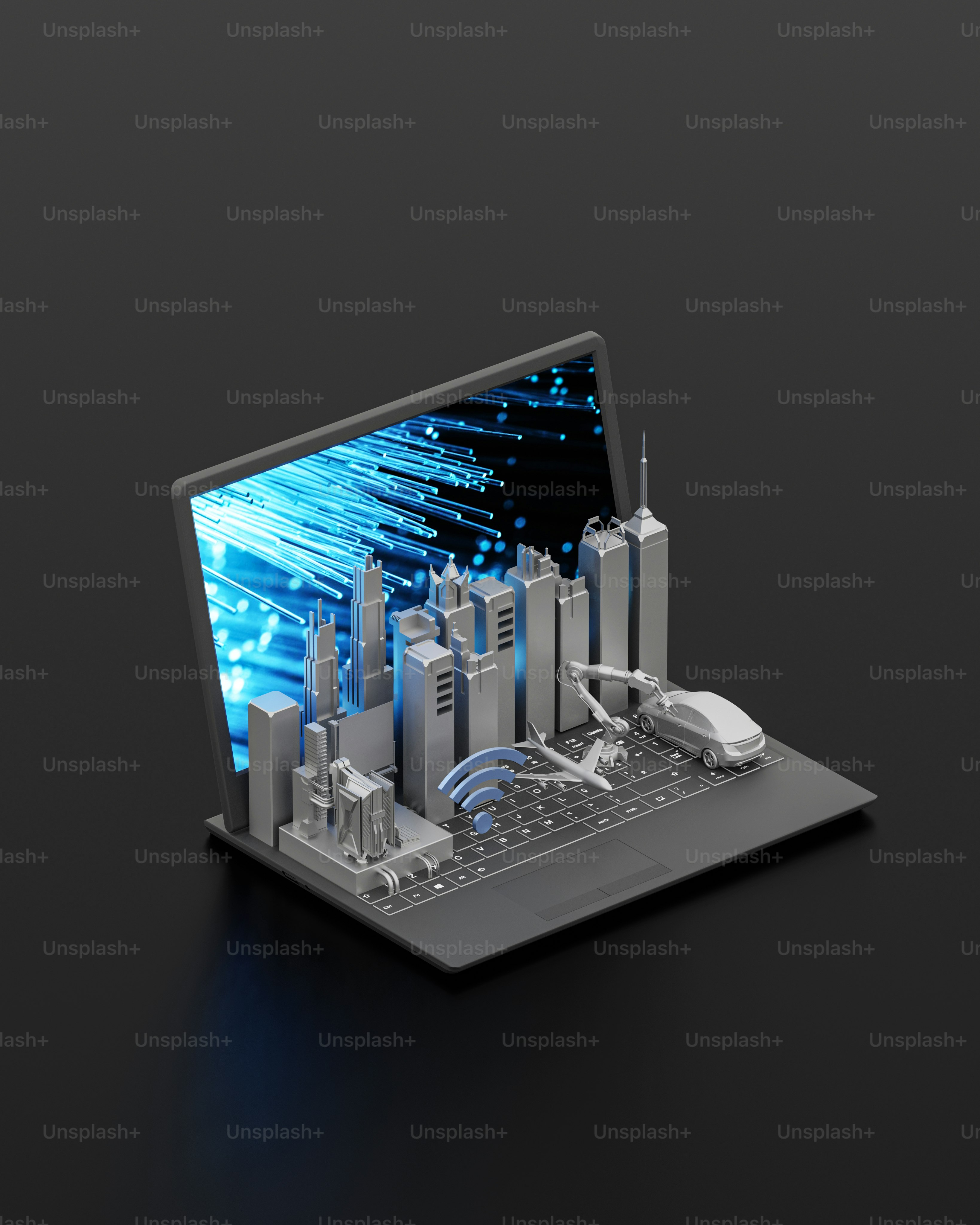 um laptop com uma cidade na tela