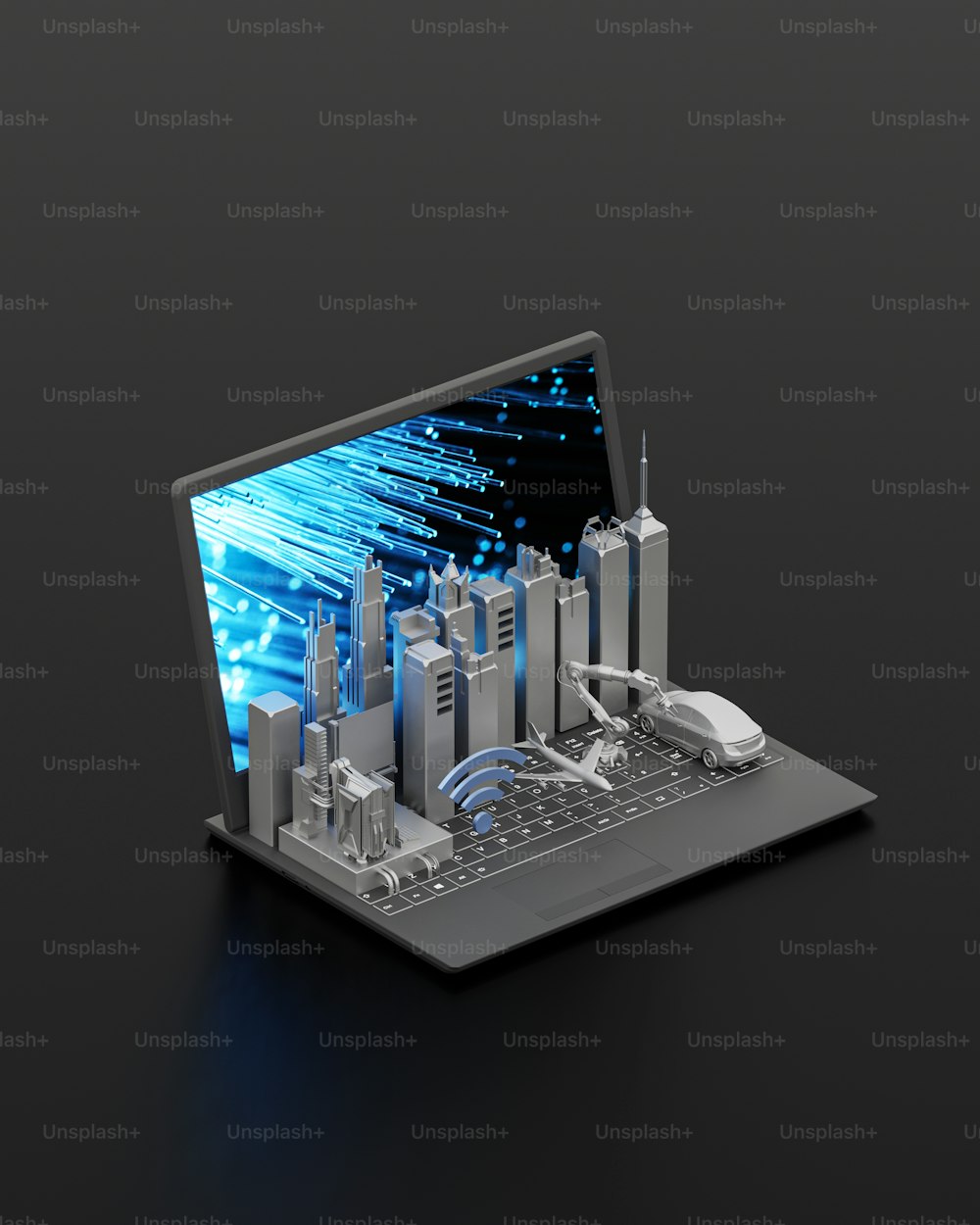 a laptop with a city on the screen