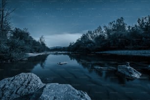 a body of water surrounded by rocks under a night sky