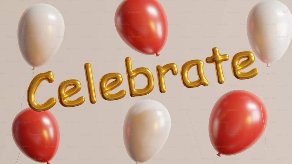 eine Gruppe von Luftballons, auf denen "Feiern" steht