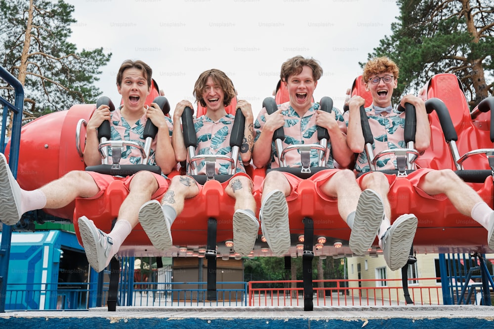 a group of young men riding on top of a roller coaster