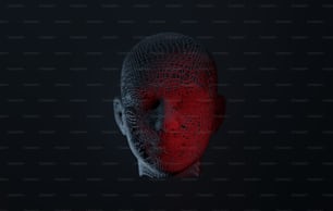 una scultura in filo metallico della testa di una persona con una luce rossa che esce da
