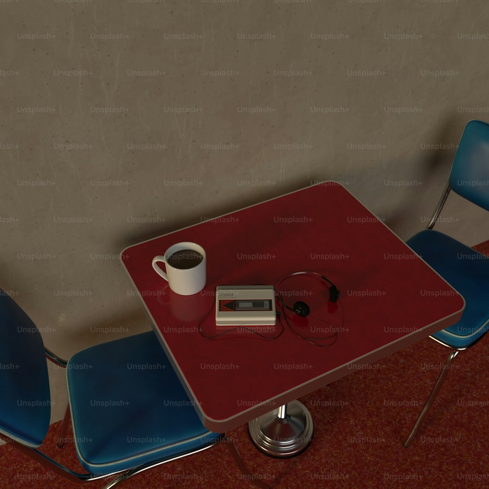 a red table with two blue chairs and a cup of coffee