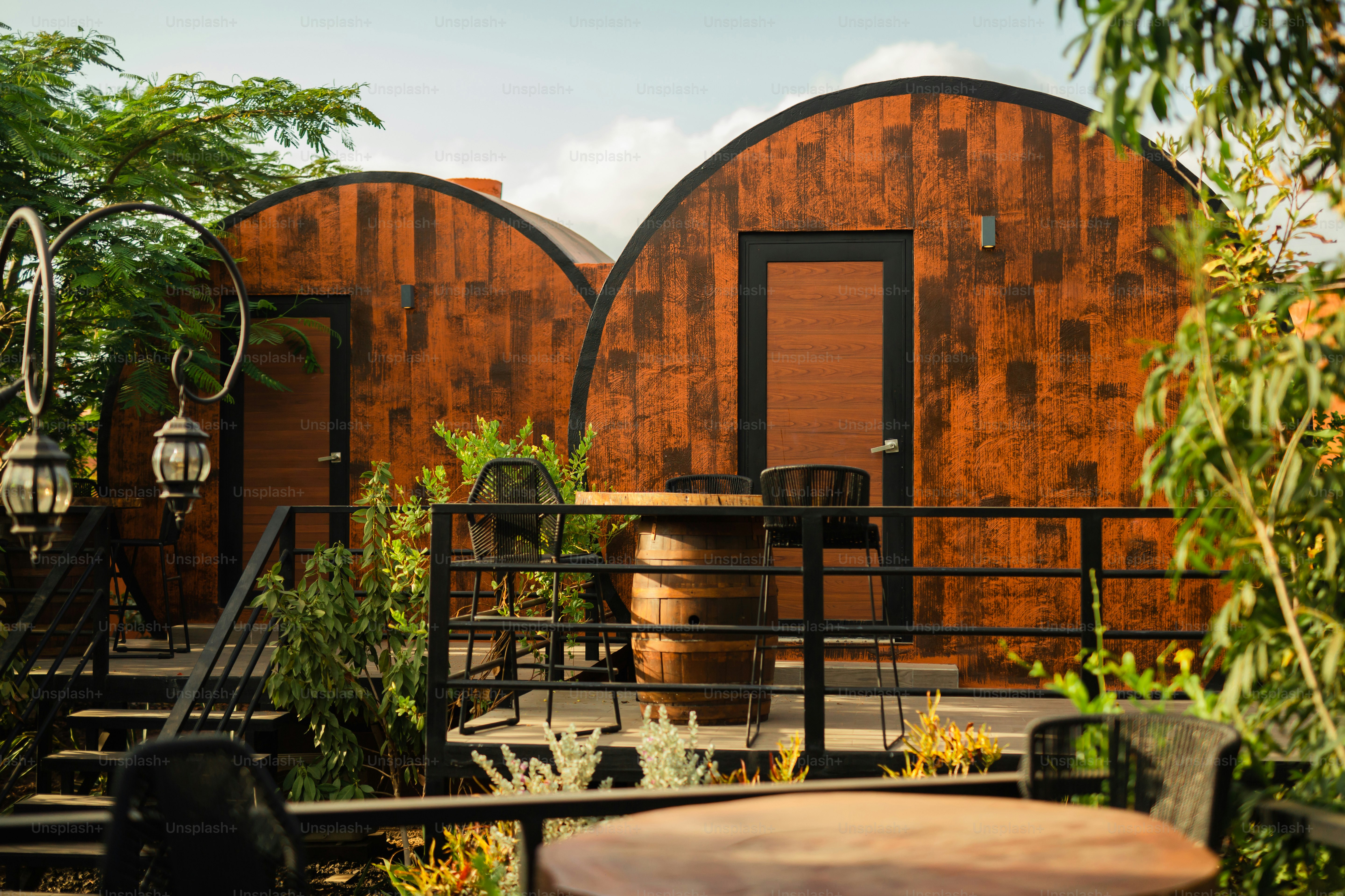 a couple of wooden buildings sitting next to each other