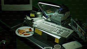 una scrivania del computer con una tastiera e un piatto di cibo