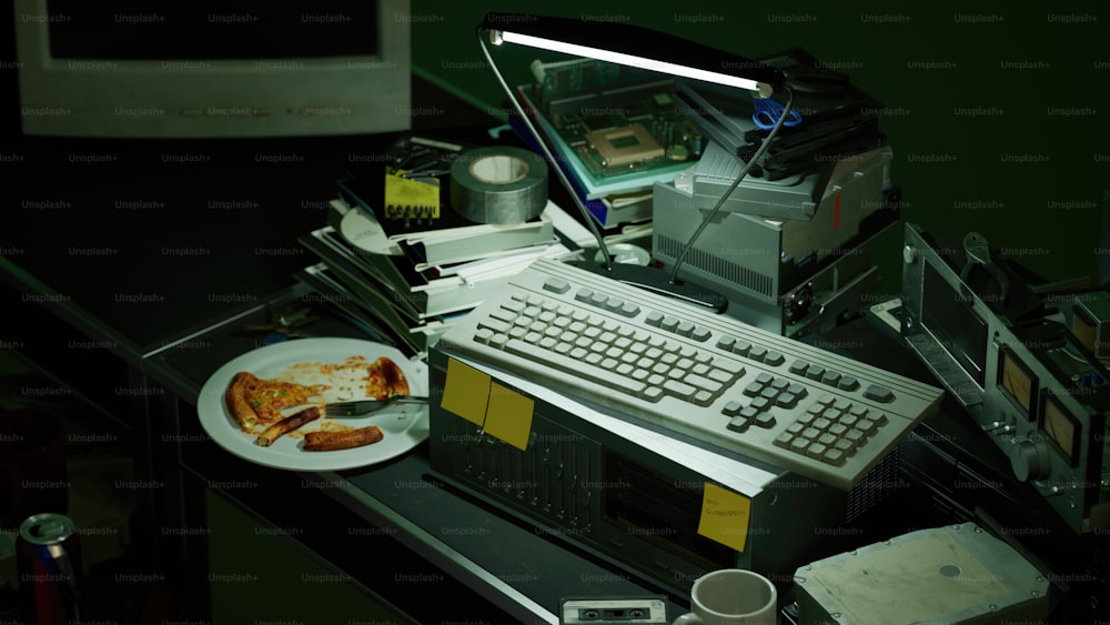 a computer desk with a keyboard and a plate of food