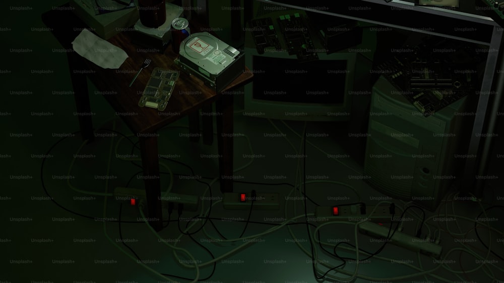 una habitación oscura con una computadora y otros equipos electrónicos