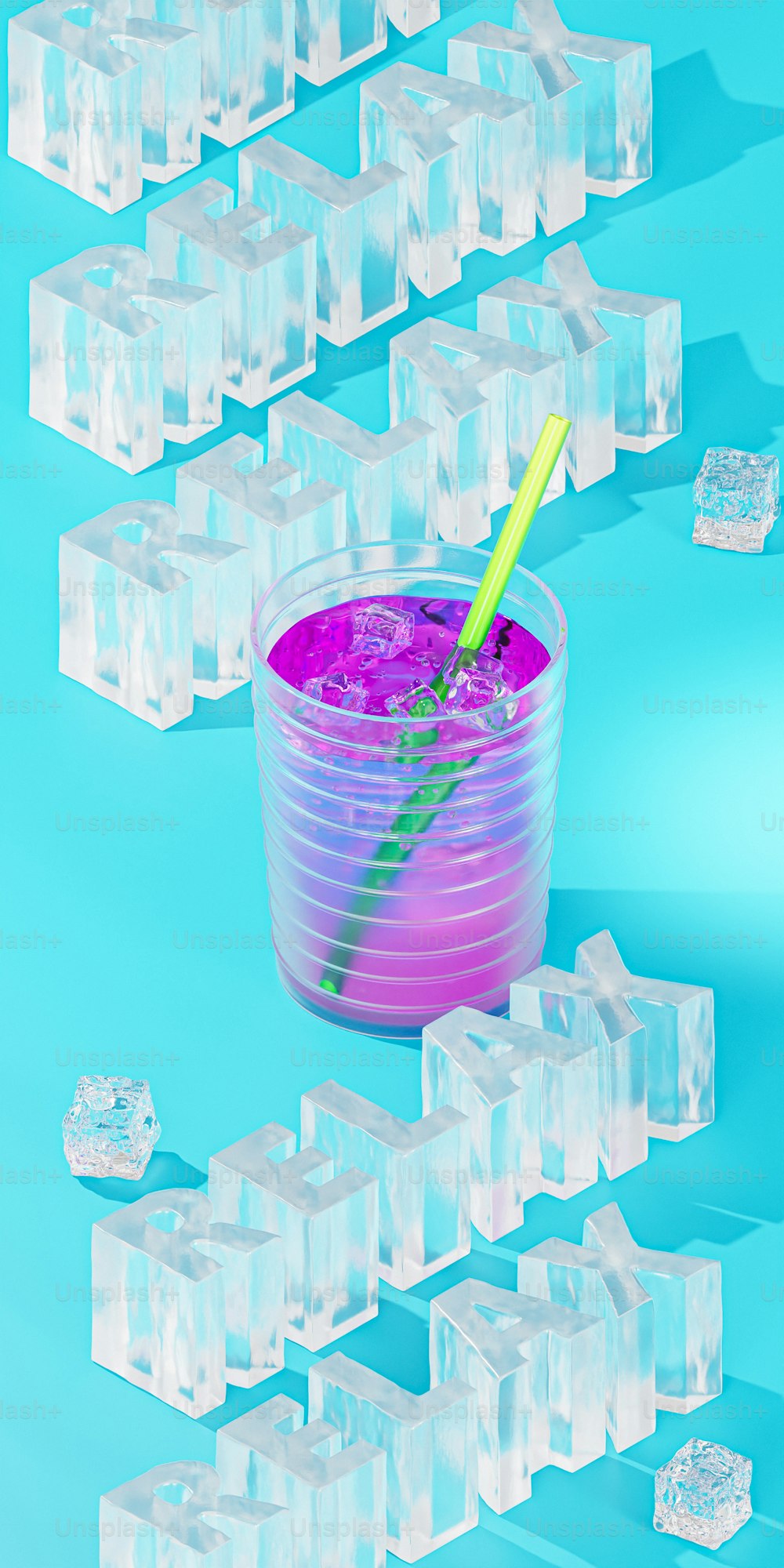 a bowl of ice cubes with a straw sticking out of it