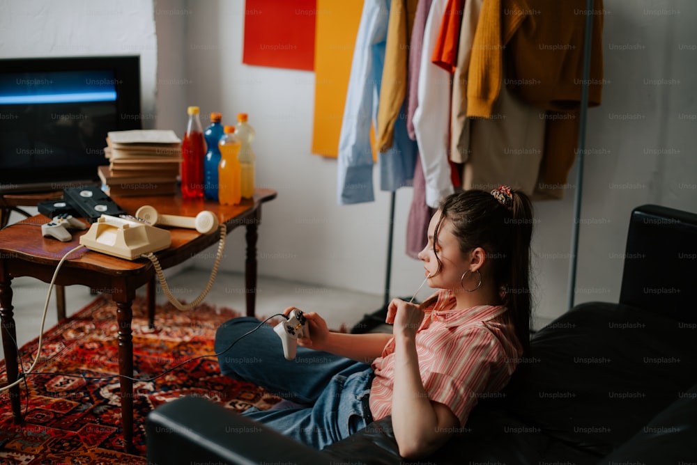 a woman sitting on a couch in a room
