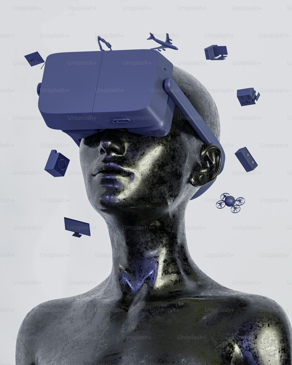 um homem com uma caixa azul na cabeça
