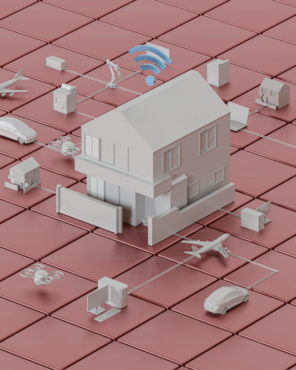 um modelo de uma casa cercada por dispositivos conectados