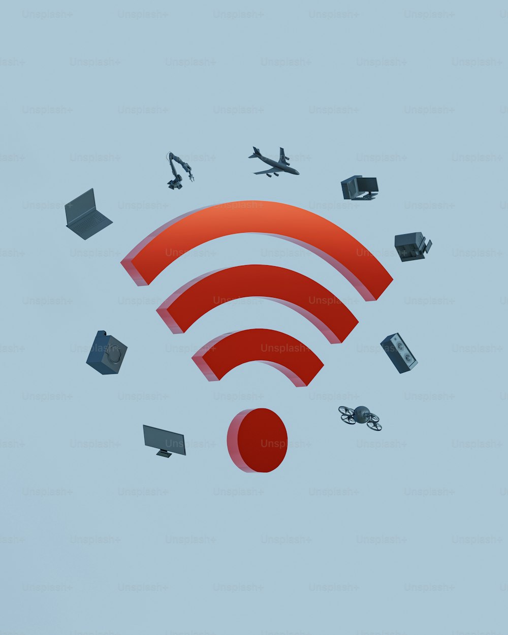 Um símbolo Wi-Fi vermelho voando pelo ar