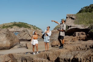 Un grupo de personas de pie en la cima de una playa rocosa