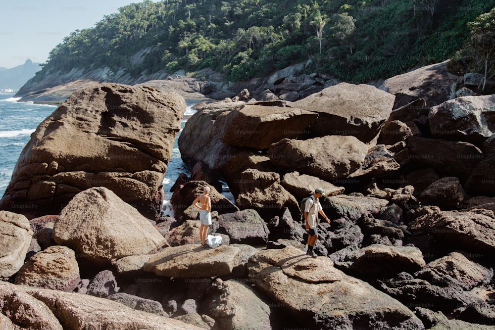 Un groupe de personnes debout au sommet d’une plage rocheuse