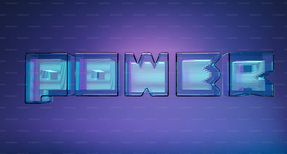 A palavra Boom escrita em letras 3D em um fundo roxo e azul