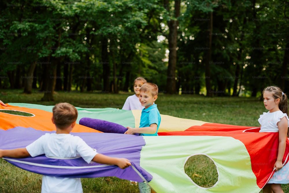 a group of children playing with kites in a field