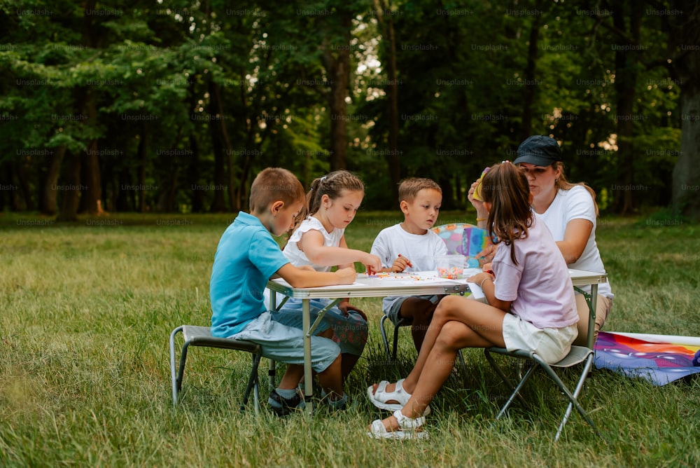 a group of children sitting around a table in the grass