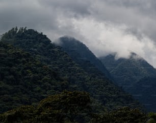 a view of a mountain covered in clouds