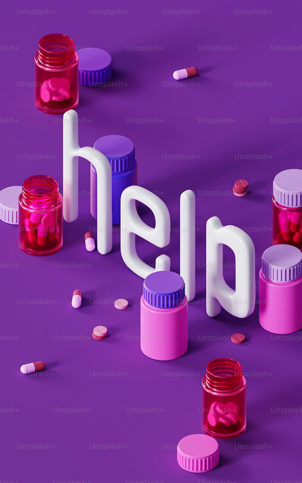 a purple background with pink pills and the word help