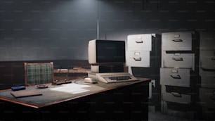 uma mesa com monitor de computador, teclado e armários de arquivos