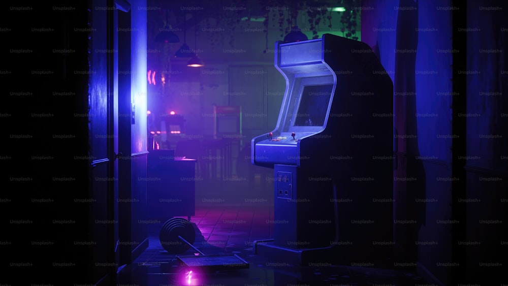 uma máquina de videogame em um quarto escuro