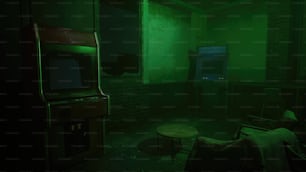 Una stanza buia con una luce verde sul muro