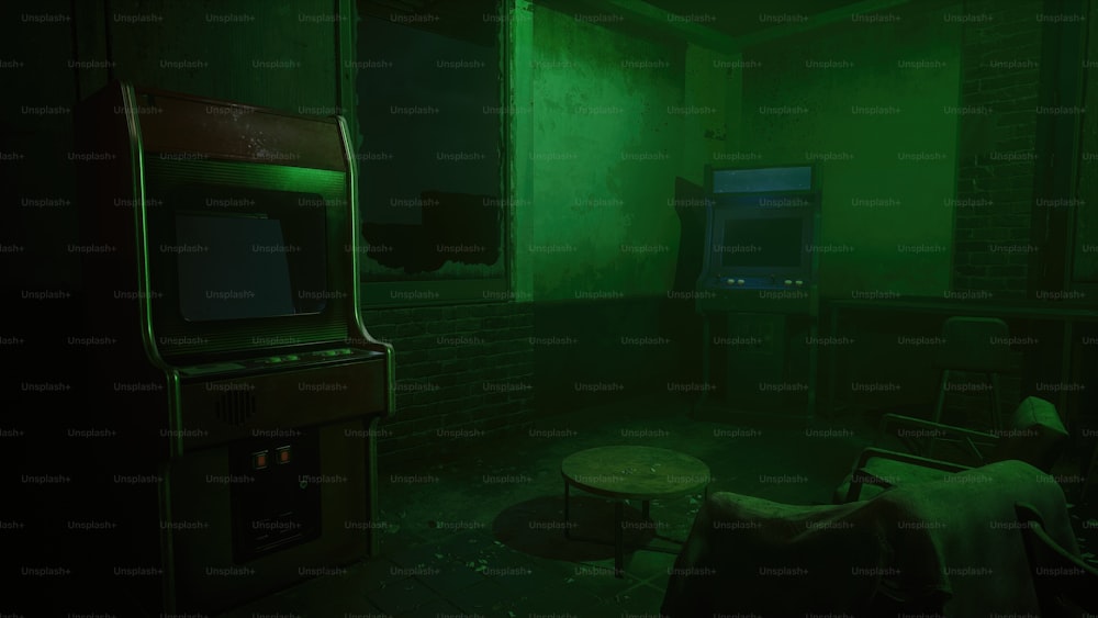 a dark room with a green light on the wall