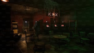 a dimly lit room with tables and chairs