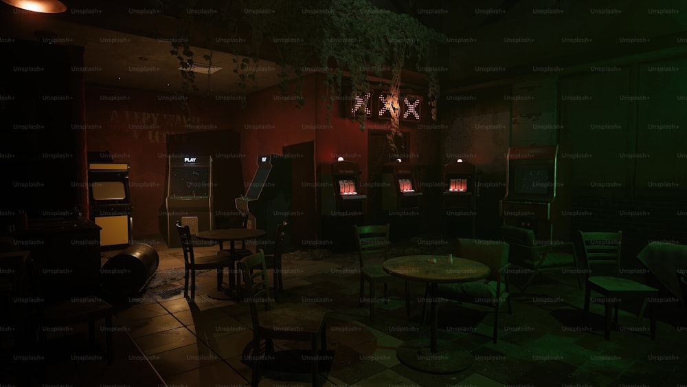 a dimly lit room with tables and chairs